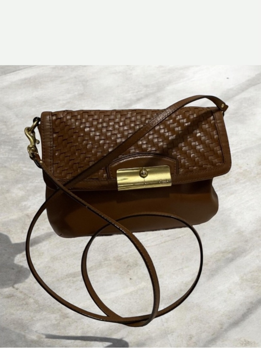Coach Woven Leather Brown Crossbody Bag Size H7’ X W 10’ X D 1’